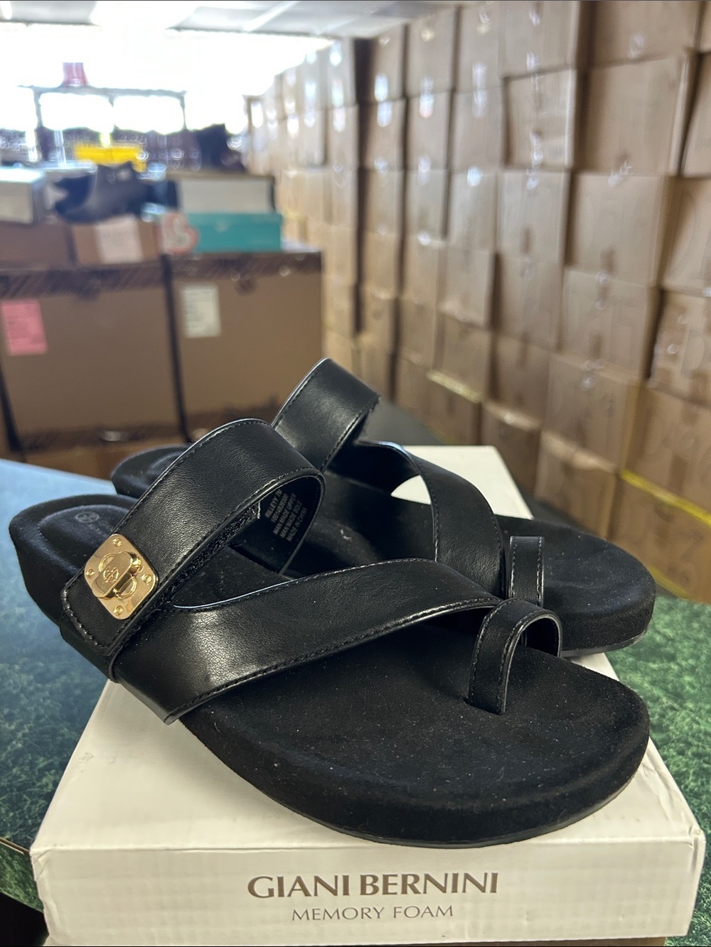 Giani Bernini Black Leather Crisscross Slide Sandals with Gold Accent